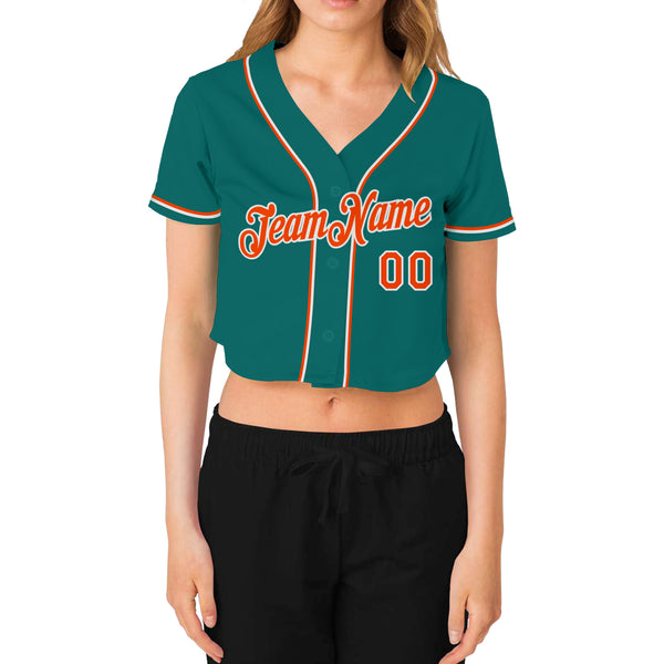 Custom Women's Aqua Orange-White V-Neck Cropped Baseball Jersey