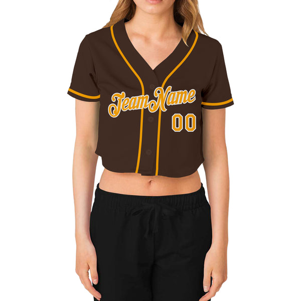 Custom Women's Brown Gold-White V-Neck Cropped Baseball Jersey