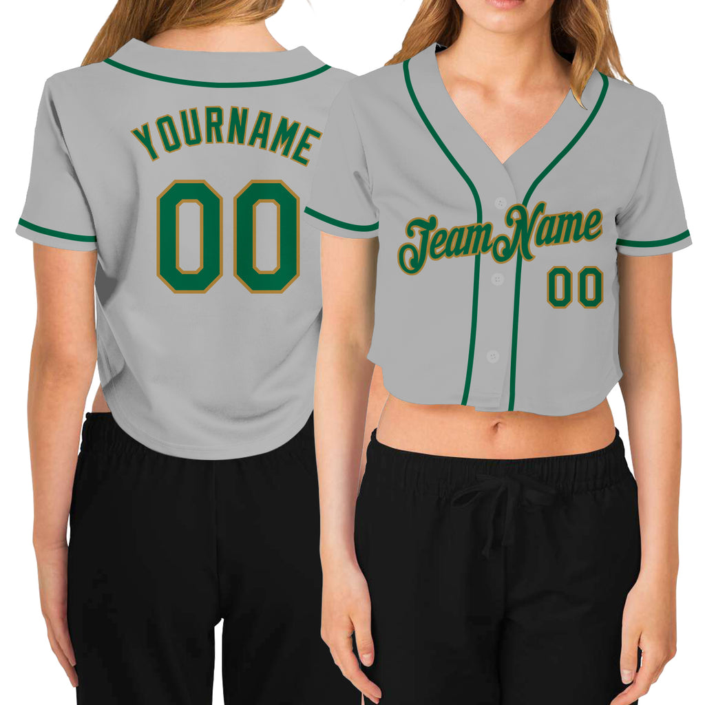 Custom Women's Gray Kelly Green-Old Gold V-Neck Cropped Baseball Jersey