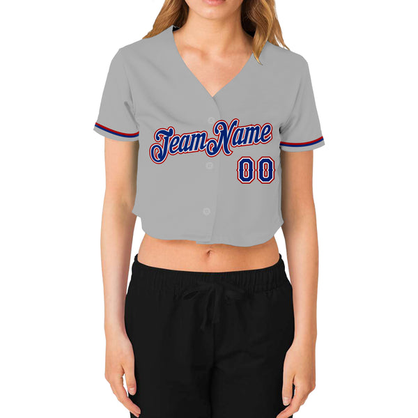 Custom Women's Gray Royal White-Red V-Neck Cropped Baseball Jersey