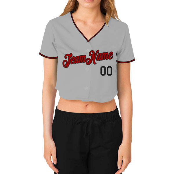 Custom Women's Gray Red-Black V-Neck Cropped Baseball Jersey