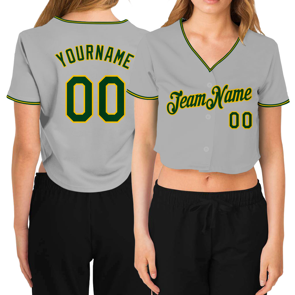 Custom Women's Gray Green-Gold V-Neck Cropped Baseball Jersey