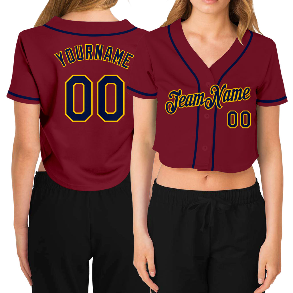 Custom Women's Crimson Navy-Gold V-Neck Cropped Baseball Jersey