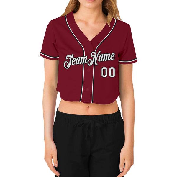 Custom Women's Crimson White-Black V-Neck Cropped Baseball Jersey