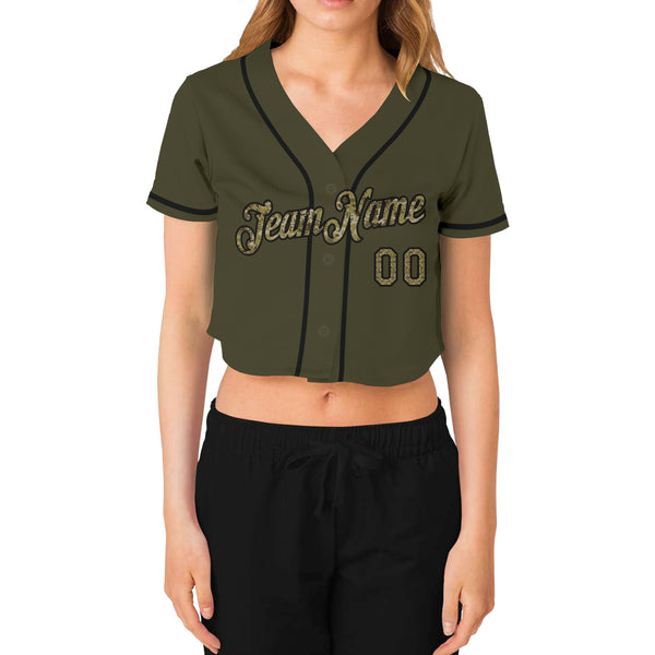 Custom Women's Olive Camo-Black Salute To Service V-Neck Cropped Baseball Jersey