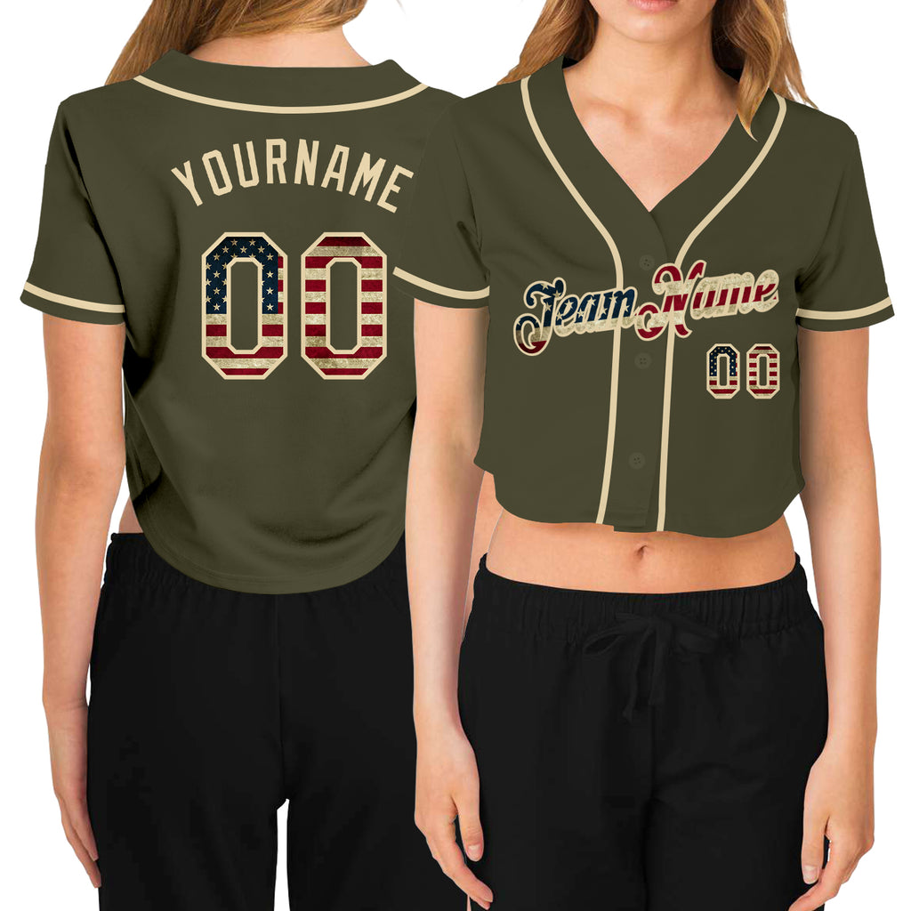 Custom Women's Olive Vintage USA Flag-Cream Salute To Service V-Neck Cropped Baseball Jersey