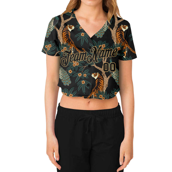 Custom Women's Black Black-Old Gold Tiger And Peacock 3D V-Neck Cropped Baseball Jersey