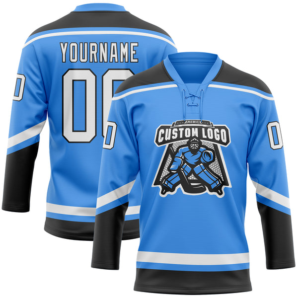 Custom Electric Blue White-Black Hockey Lace Neck Jersey