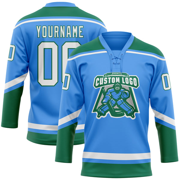 Custom Electric Blue White-Kelly Green Hockey Lace Neck Jersey