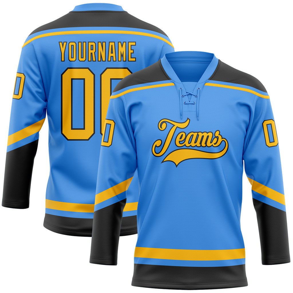 Custom Electric Blue Gold-Black Hockey Lace Neck Jersey