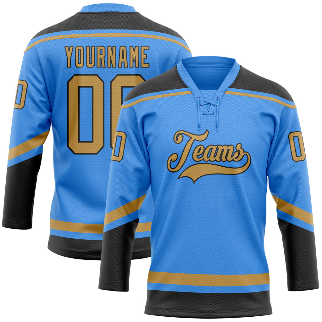 Custom Electric Blue Old Gold-Black Hockey Lace Neck Jersey