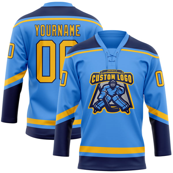 Custom Electric Blue Gold-Navy Hockey Lace Neck Jersey