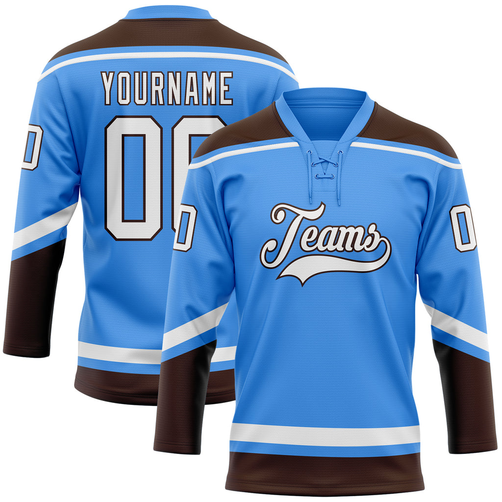 Custom Electric Blue White-Brown Hockey Lace Neck Jersey