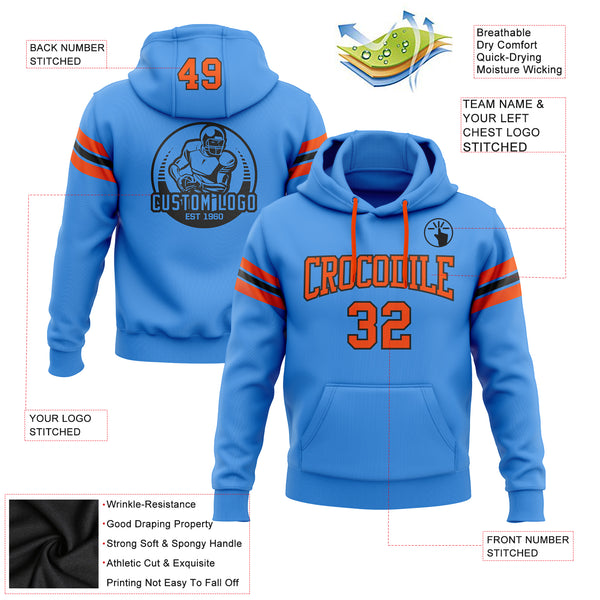 Custom Stitched Electric Blue Orange-Black Football Pullover Sweatshirt Hoodie