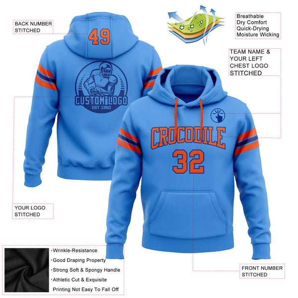 Custom Stitched Electric Blue Orange-Royal Football Pullover Sweatshirt Hoodie