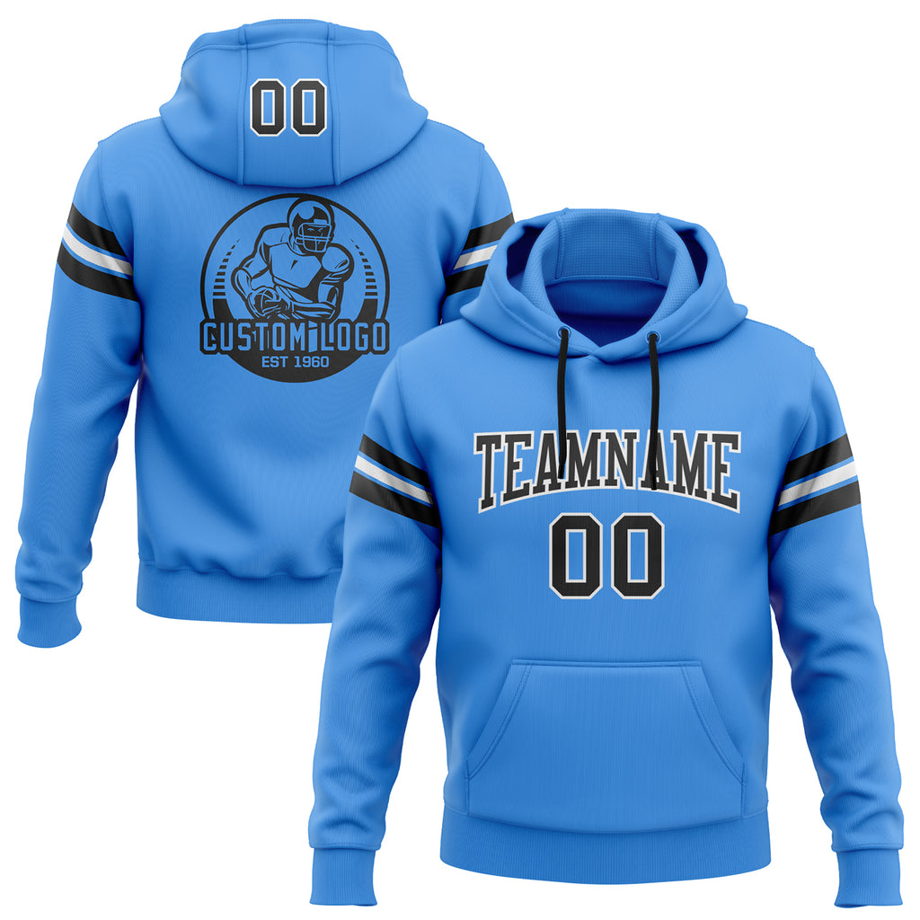 Custom Stitched Electric Blue Black-White Football Pullover Sweatshirt Hoodie