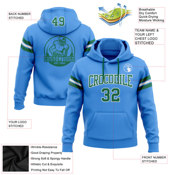 Custom Stitched Electric Blue Kelly Green-White Football Pullover Sweatshirt Hoodie