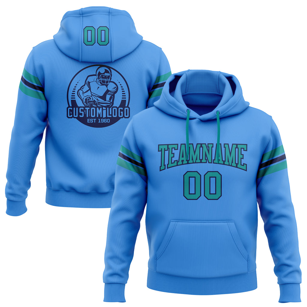 Custom Stitched Electric Blue Teal-Navy Football Pullover Sweatshirt Hoodie