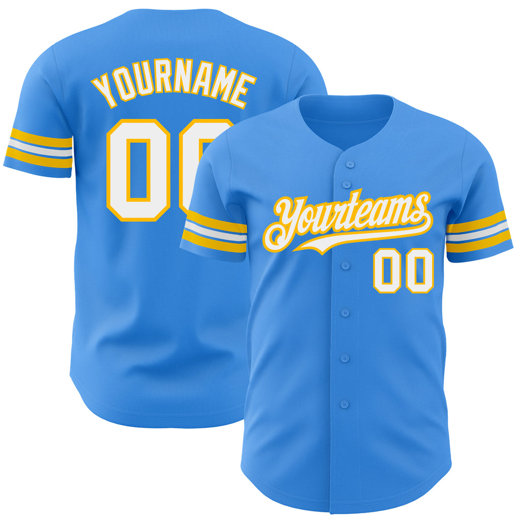 Custom Electric Blue White-Gold Authentic Baseball Jersey