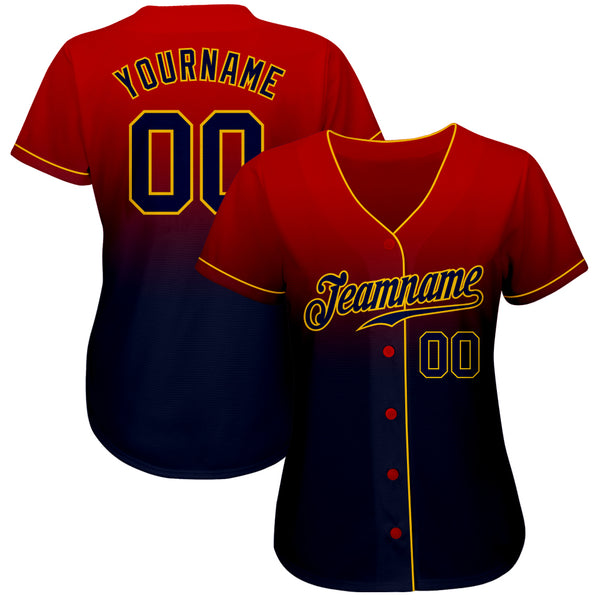 Custom Red Navy-Gold Authentic Fade Fashion Baseball Jersey