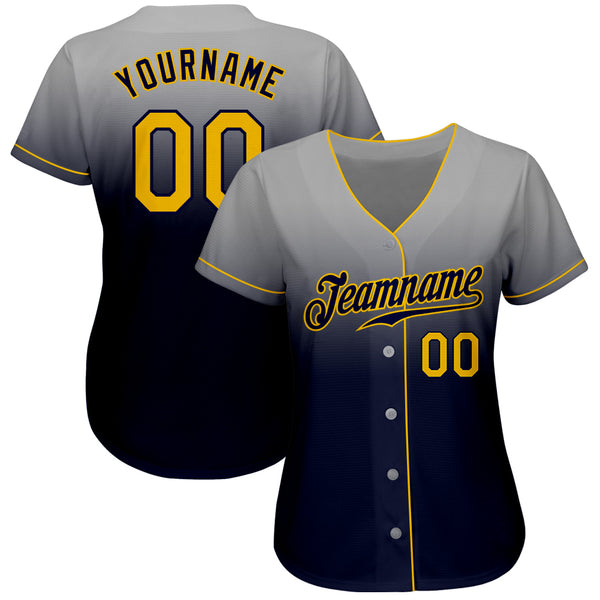 Custom Gray Gold-Navy Authentic Fade Fashion Baseball Jersey