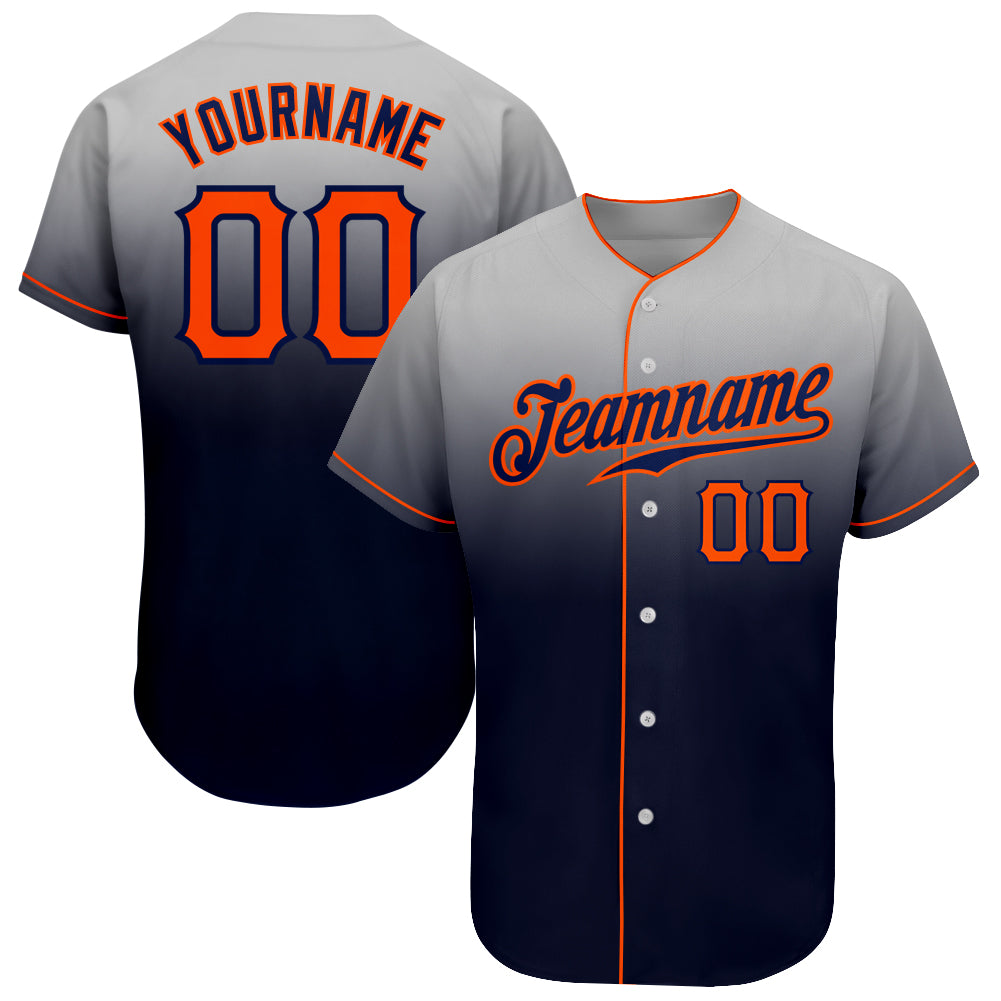 Custom Gray Orange-Navy Authentic Fade Fashion Baseball Jersey