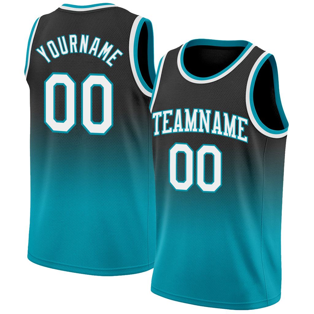 Custom Black White-Teal Authentic Fade Fashion Basketball Jersey