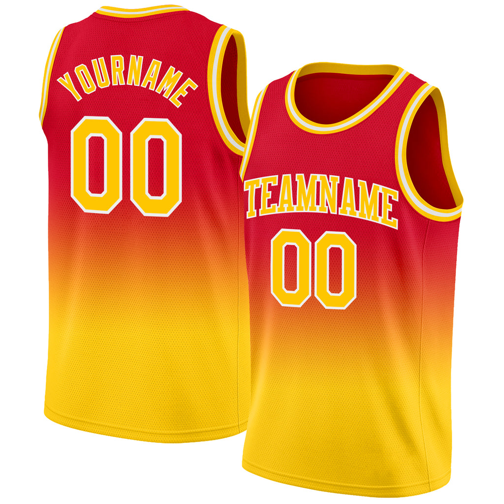 Custom Red Gold-White Authentic Fade Fashion Basketball Jersey