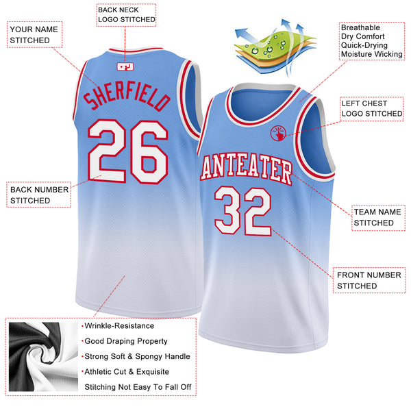 Custom Light Blue White-Red Authentic Fade Fashion Basketball Jersey