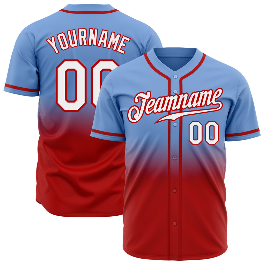 Custom Light Blue White-Red Authentic Fade Fashion Baseball Jersey