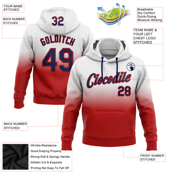 Custom Stitched White Navy-Red Fade Fashion Sports Pullover Sweatshirt Hoodie