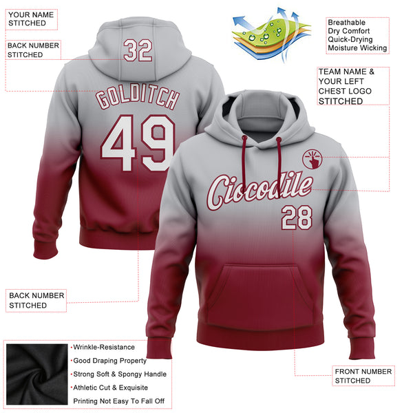 Custom Stitched Gray White-Crimson Fade Fashion Sports Pullover Sweatshirt Hoodie