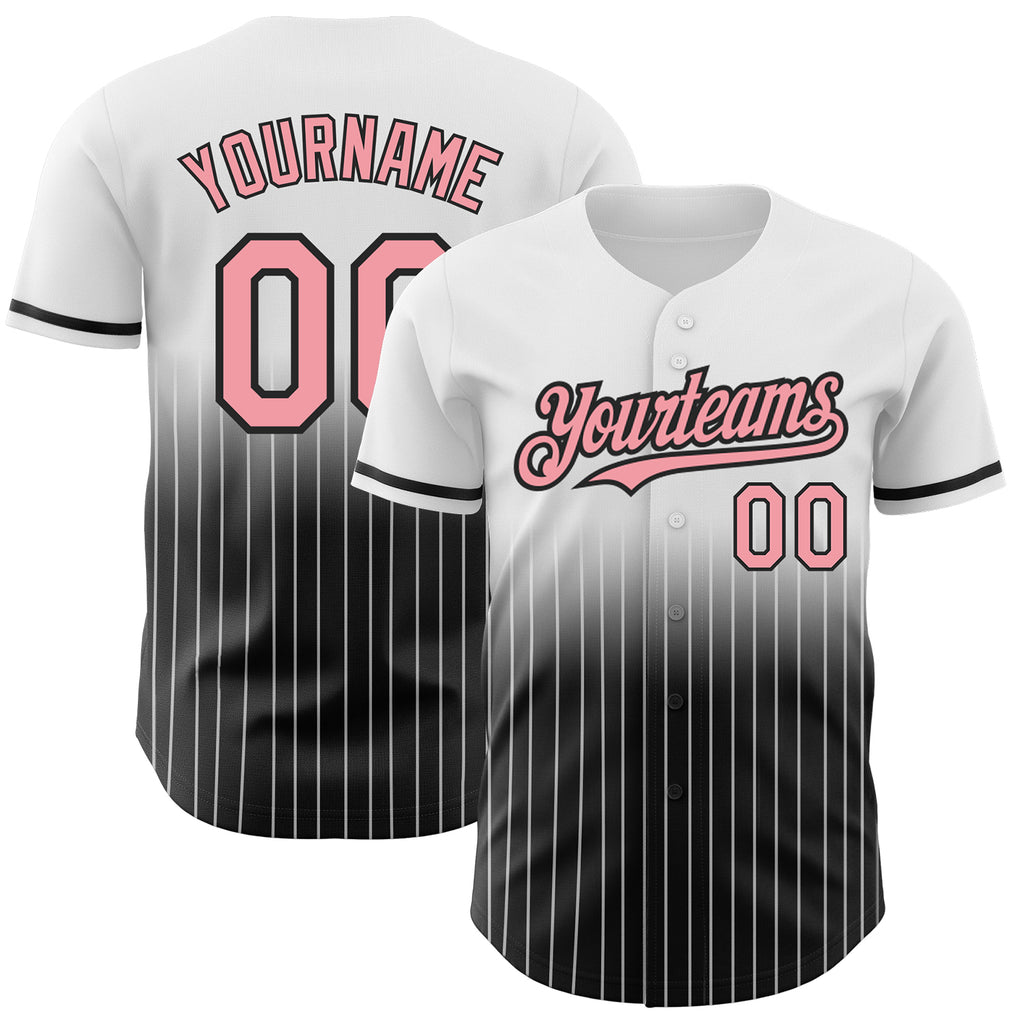 Custom White Pinstripe Medium Pink-Black Authentic Fade Fashion Baseball Jersey