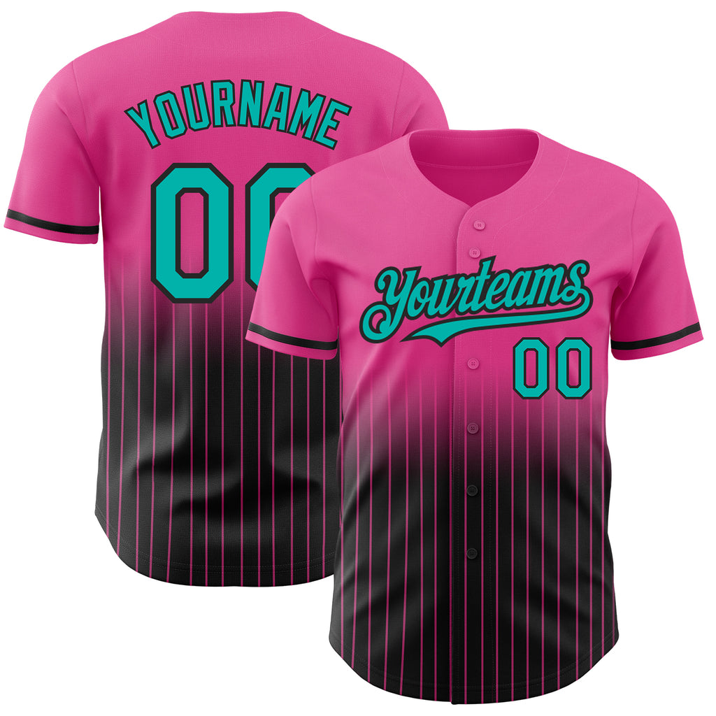 Custom Pink Pinstripe Aqua-Black Authentic Fade Fashion Baseball Jersey