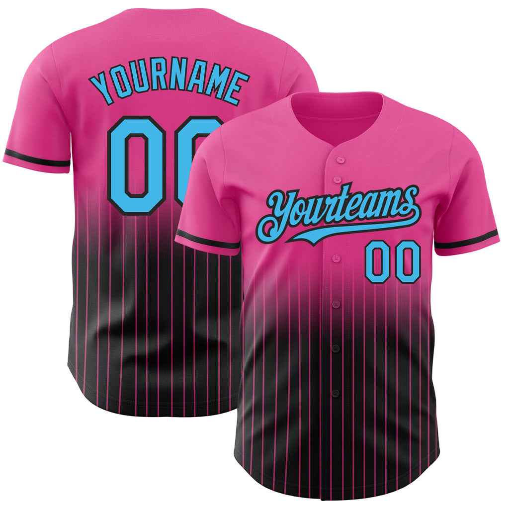 Custom Pink Pinstripe Sky Blue-Black Authentic Fade Fashion Baseball Jersey
