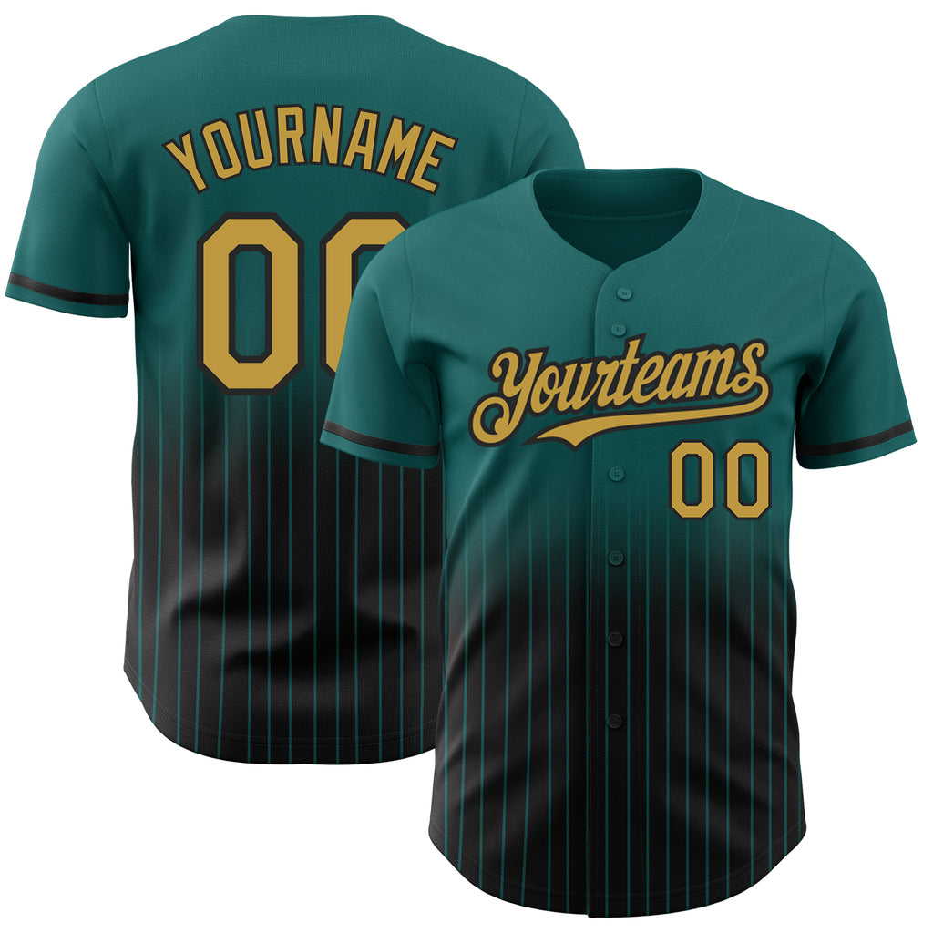 Custom Teal Pinstripe Old Gold-Black Authentic Fade Fashion Baseball Jersey