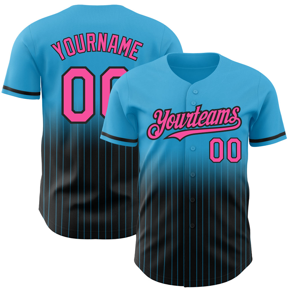 Custom Sky Blue Pinstripe Pink-Black Authentic Fade Fashion Baseball Jersey