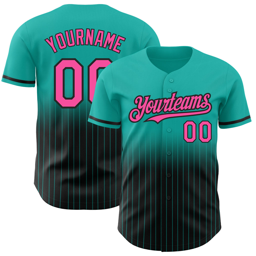 Custom Aqua Pinstripe Pink-Black Authentic Fade Fashion Baseball Jersey