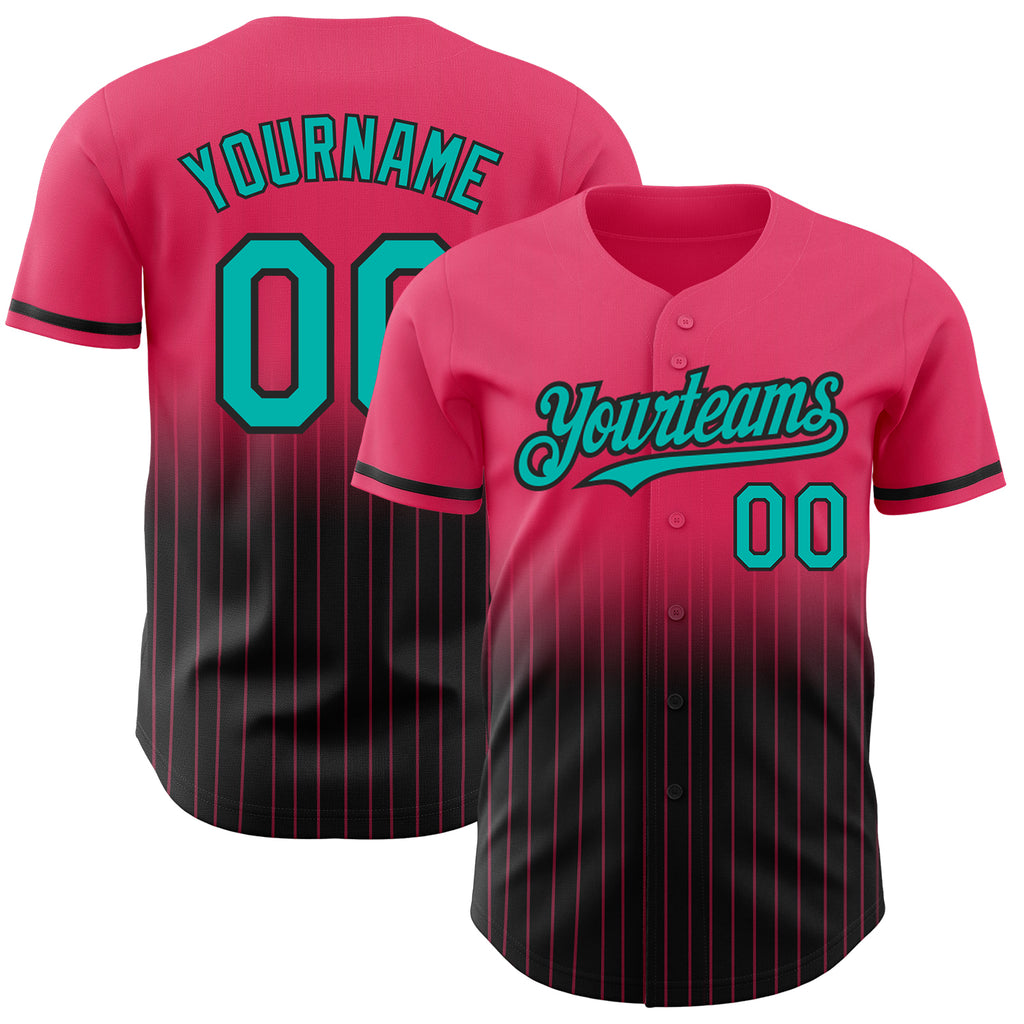 Custom Neon Pink Pinstripe Aqua-Black Authentic Fade Fashion Baseball Jersey