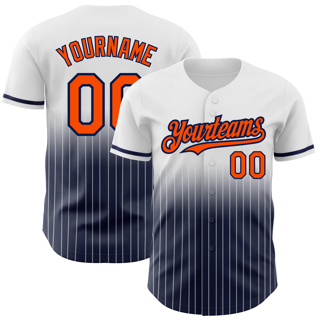 Custom White Pinstripe Orange-Navy Authentic Fade Fashion Baseball Jersey