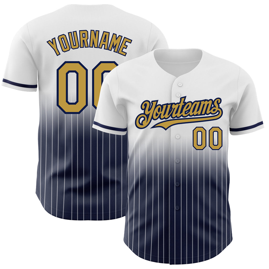 Custom White Pinstripe Old Gold-Navy Authentic Fade Fashion Baseball Jersey
