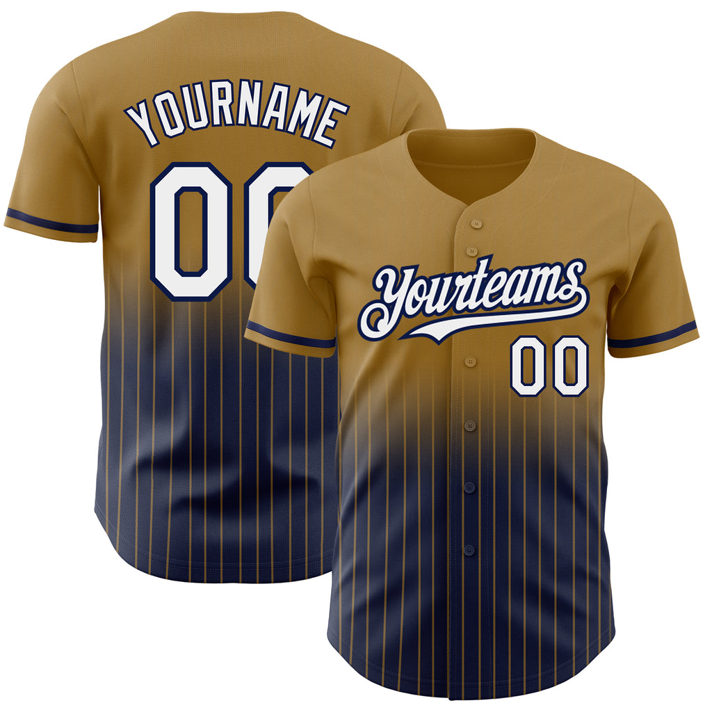 Custom Old Gold Pinstripe White-Navy Authentic Fade Fashion Baseball Jersey