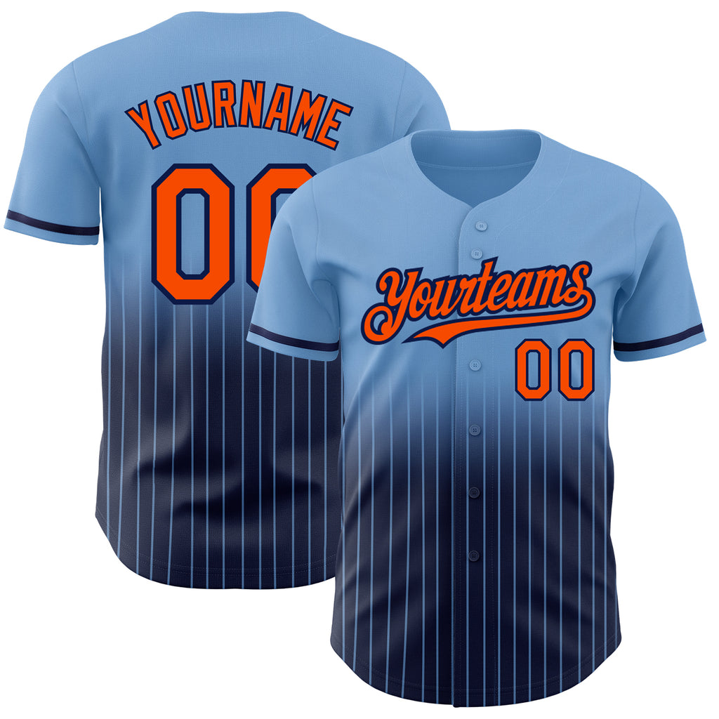 Custom Light Blue Pinstripe Orange-Navy Authentic Fade Fashion Baseball Jersey