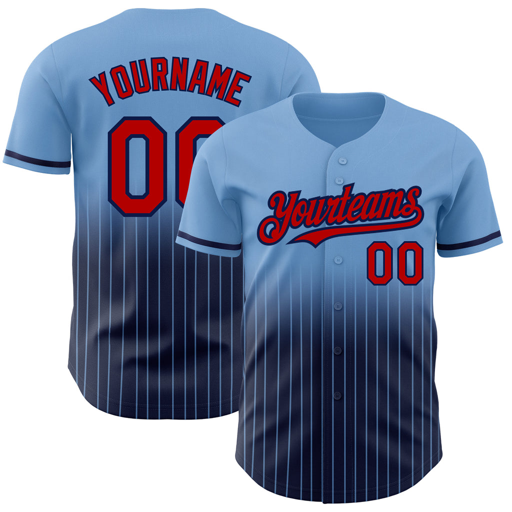 Custom Light Blue Pinstripe Red-Navy Authentic Fade Fashion Baseball Jersey