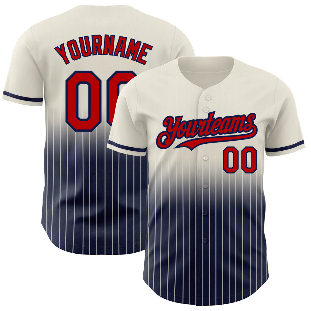 Custom Cream Pinstripe Red-Navy Authentic Fade Fashion Baseball Jersey