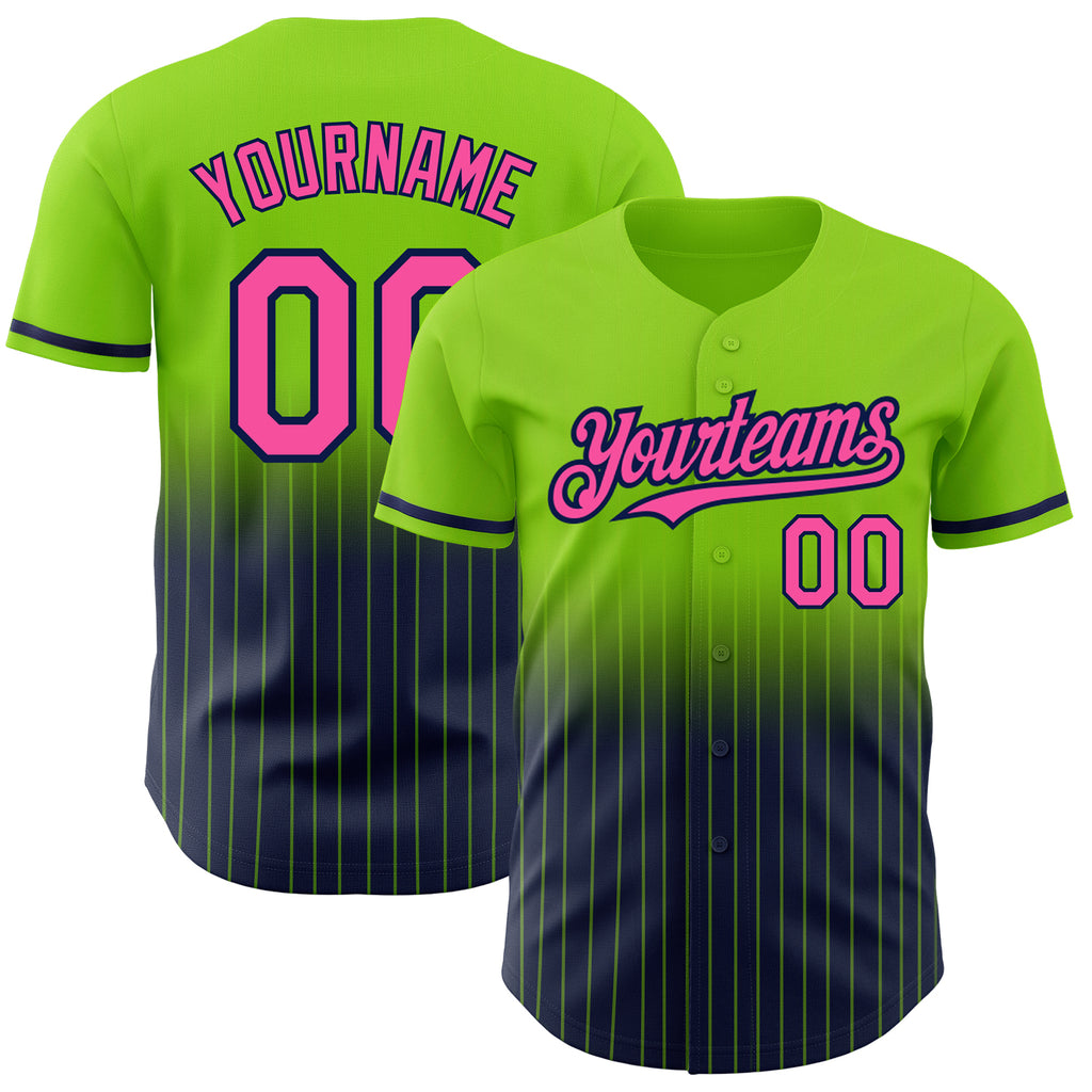 Custom Neon Green Pinstripe Pink-Navy Authentic Fade Fashion Baseball Jersey