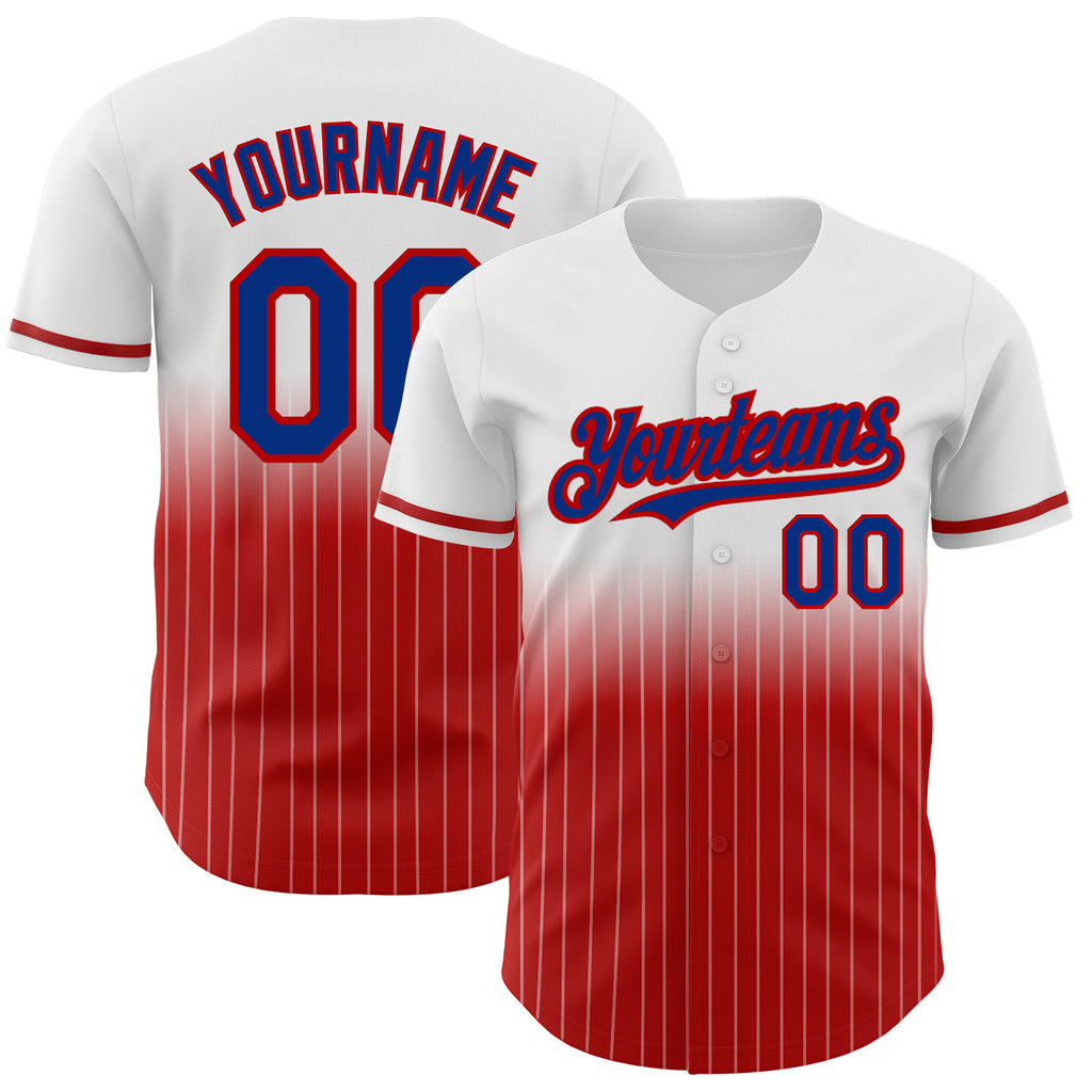 Custom White Pinstripe Royal-Red Authentic Fade Fashion Baseball Jersey