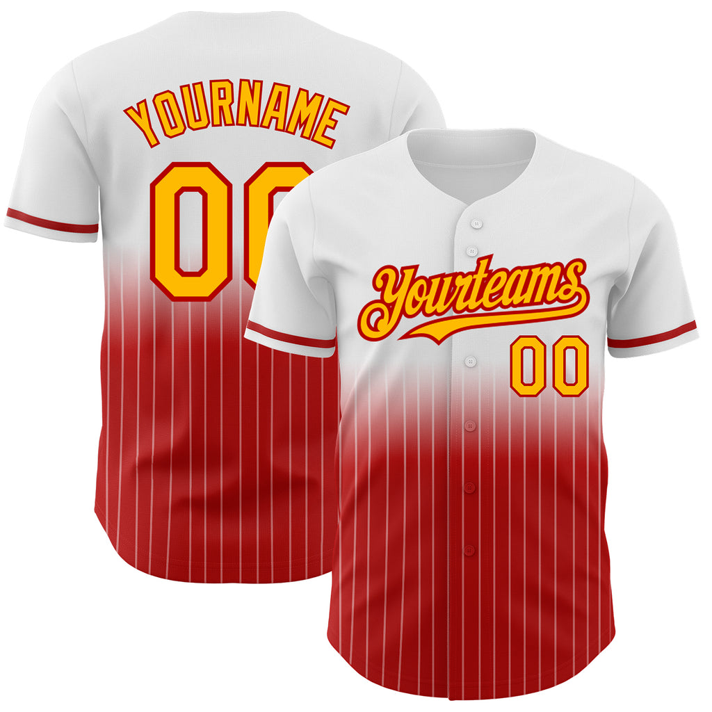 Custom White Pinstripe Gold-Red Authentic Fade Fashion Baseball Jersey