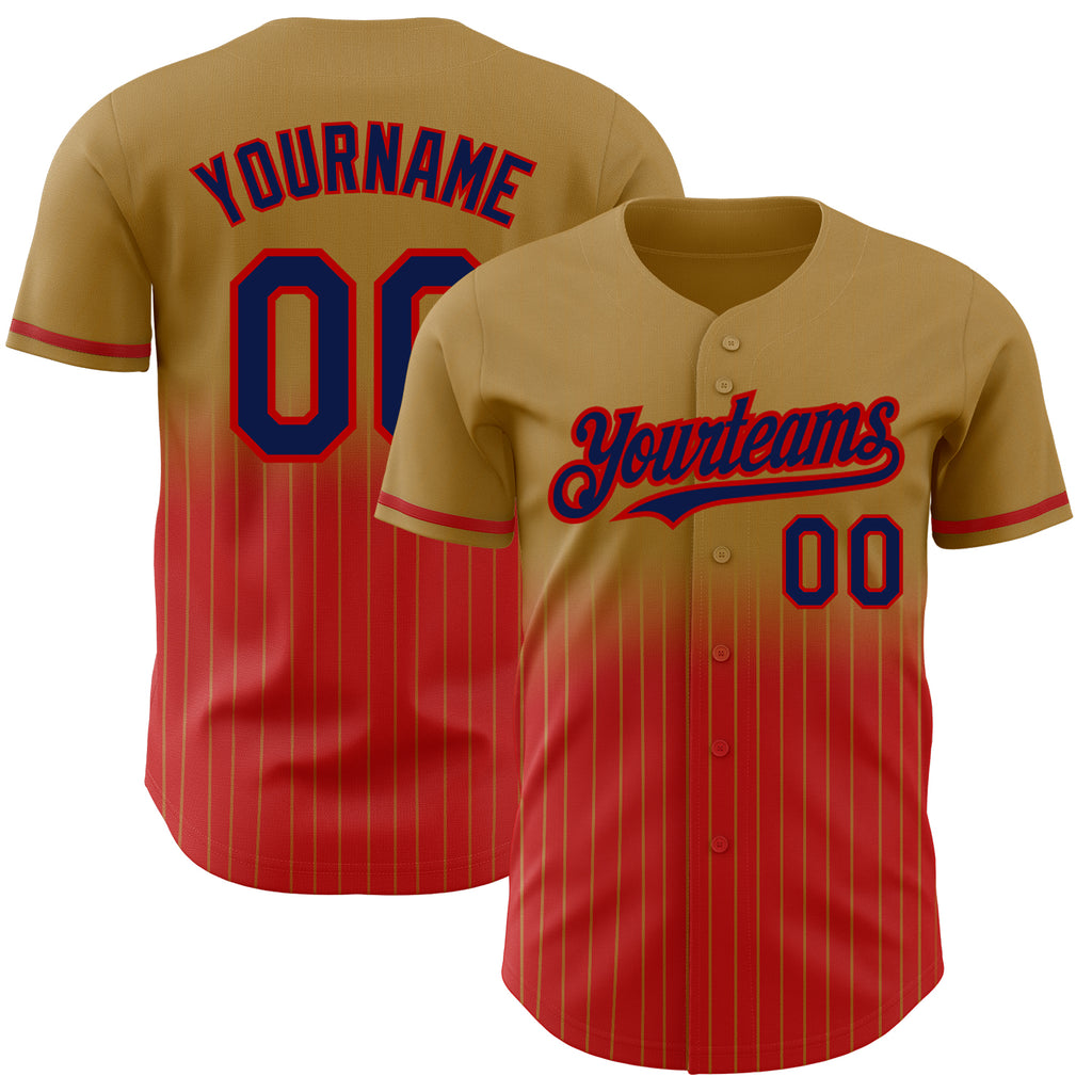 Custom Old Gold Pinstripe Navy-Red Authentic Fade Fashion Baseball Jersey