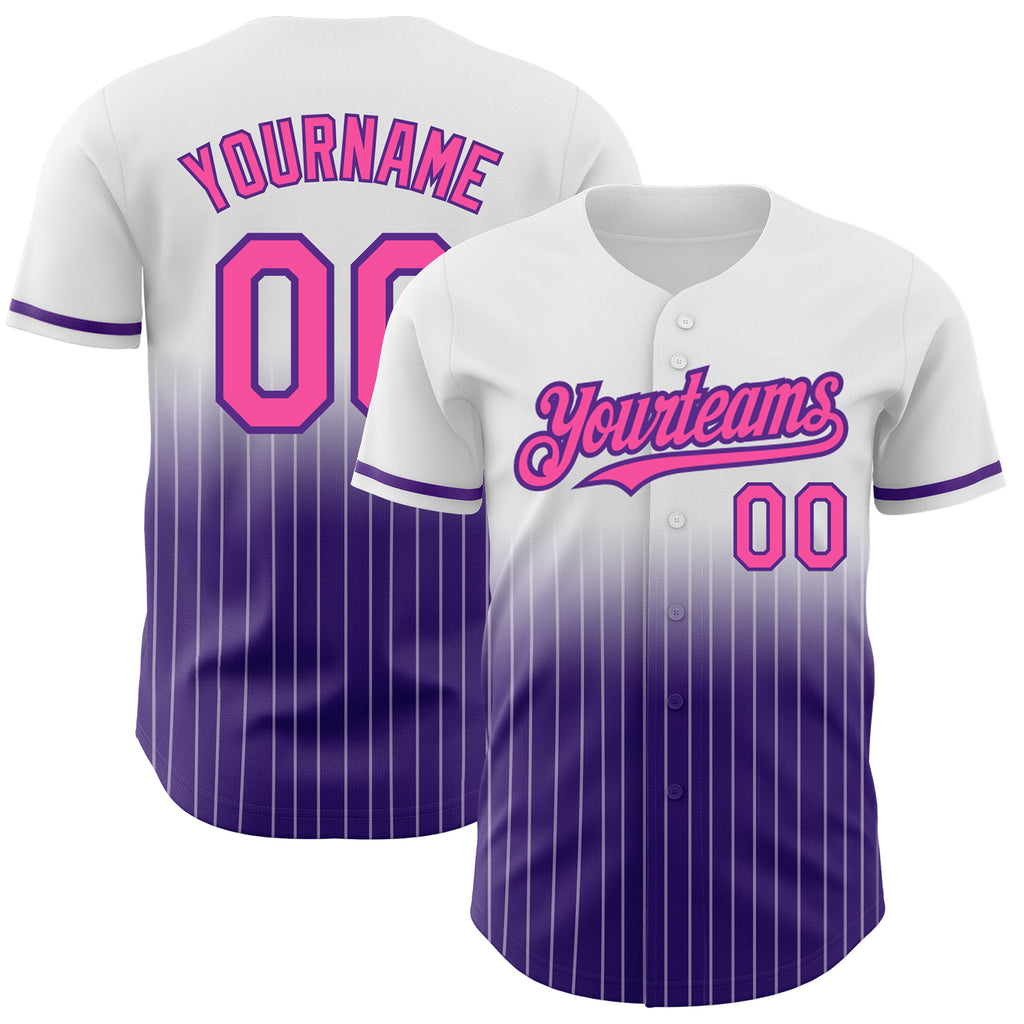 Custom White Pinstripe Pink-Purple Authentic Fade Fashion Baseball Jersey